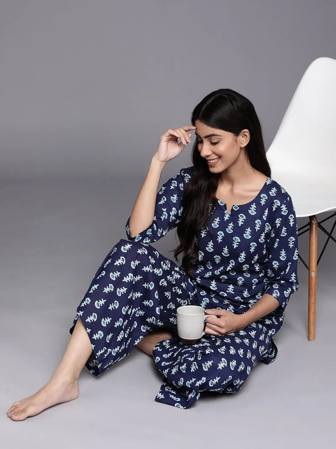 Navy Blue Printed Cotton Night Suit