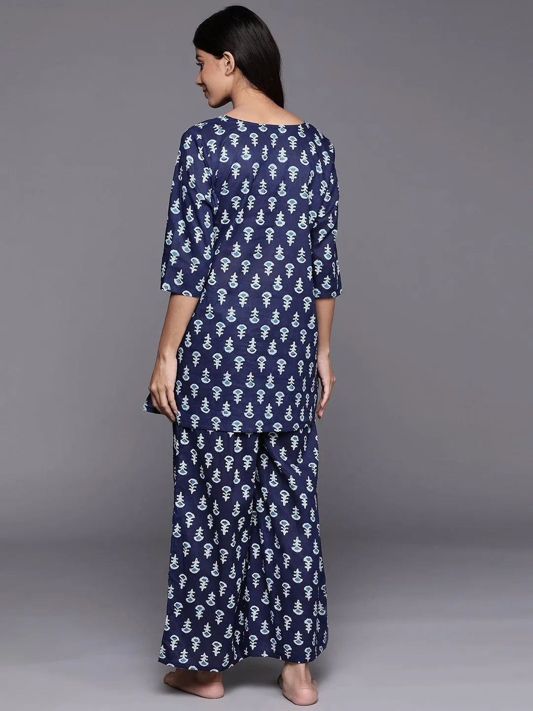 Navy Blue Printed Cotton Night Suit