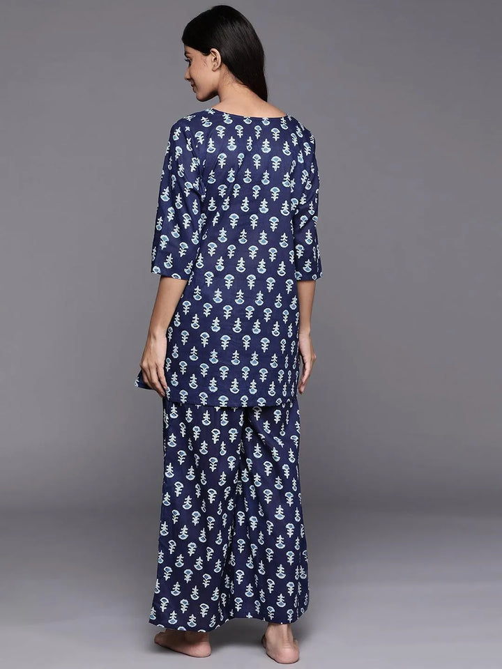 Navy Blue Printed Cotton Night Suit - ShopLibas