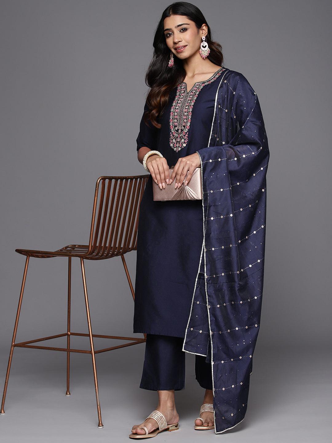 Blue Yoke Design Silk Blend Straight Suit With Dupatta