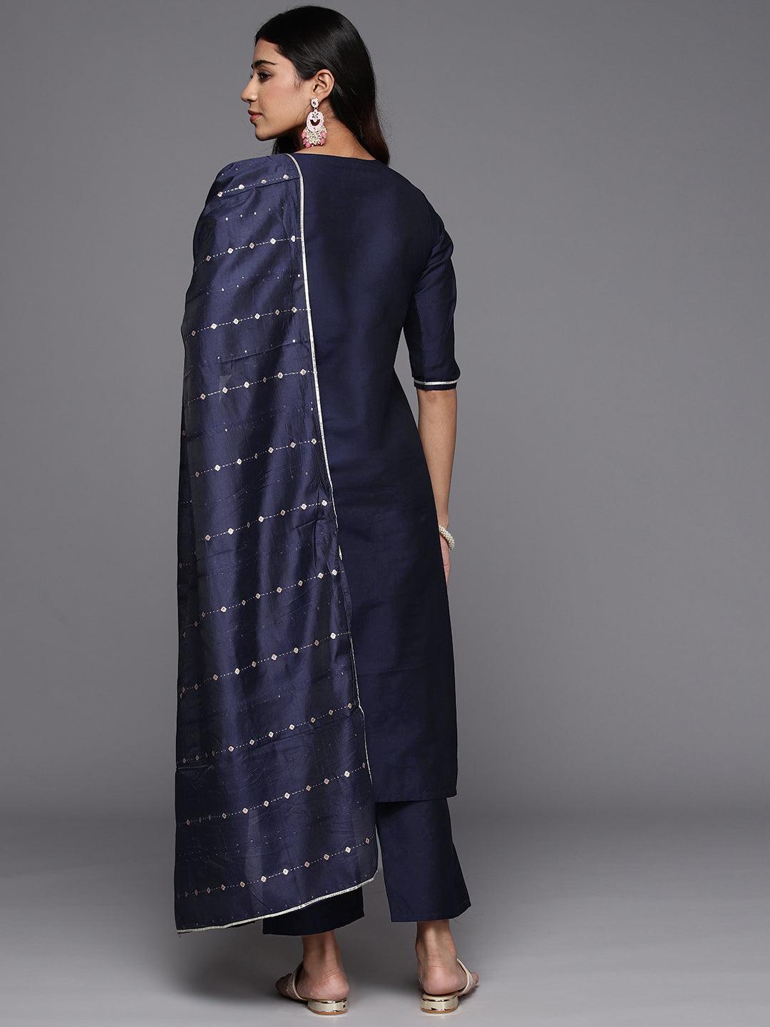 Blue Yoke Design Silk Blend Straight Suit With Dupatta