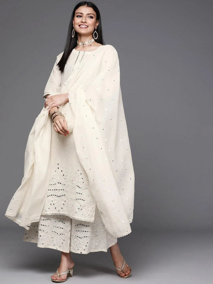 Off White Embroidered Cotton Suit Set - ShopLibas