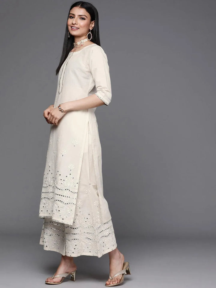 Off White Embroidered Cotton Suit Set - ShopLibas