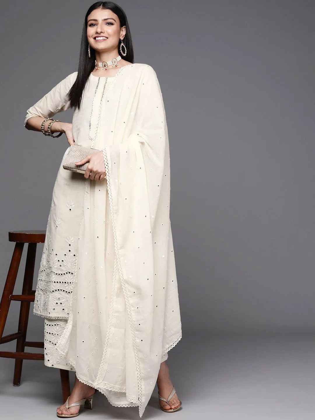 Off White Embroidered Cotton Suit Set