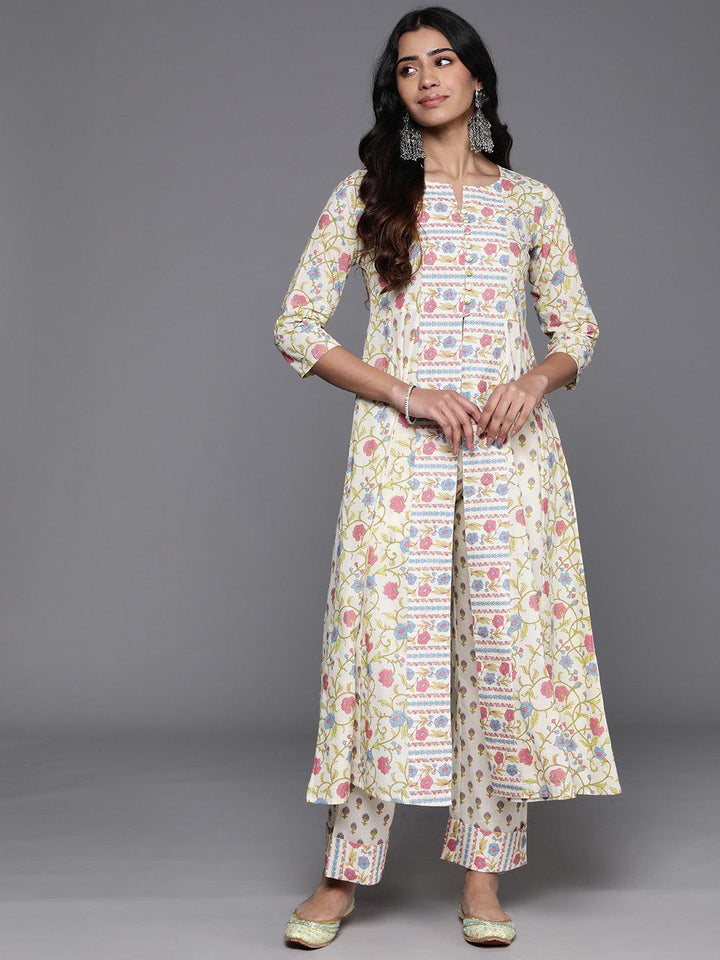 Off White Printed Cotton A-Line Kurta With Trousers - ShopLibas