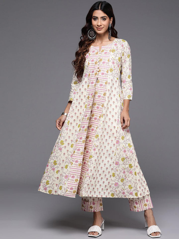 Off White Printed Cotton A-Line Kurta With Trousers - ShopLibas