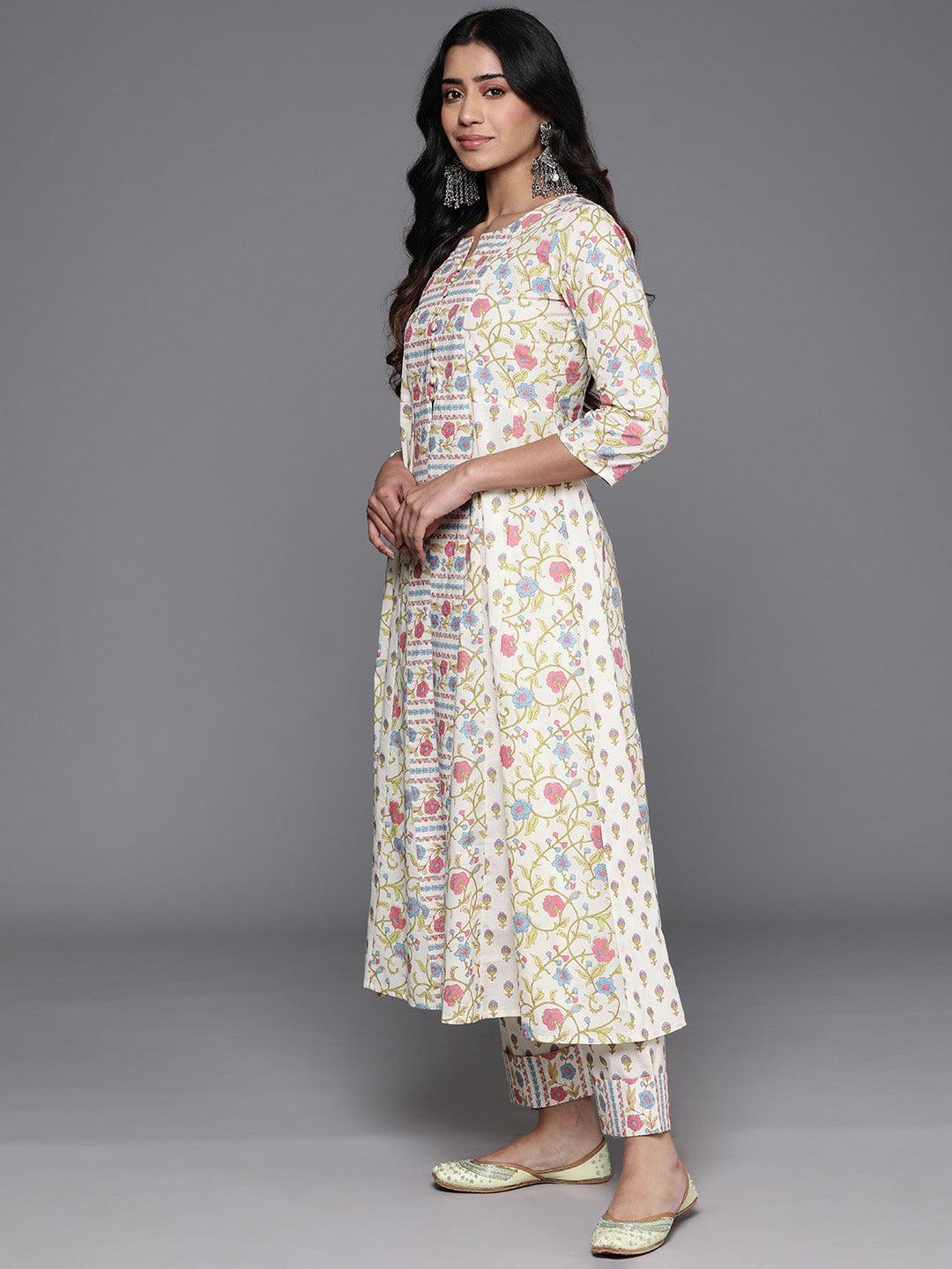 Off White Printed Cotton A-Line Kurta With Trousers