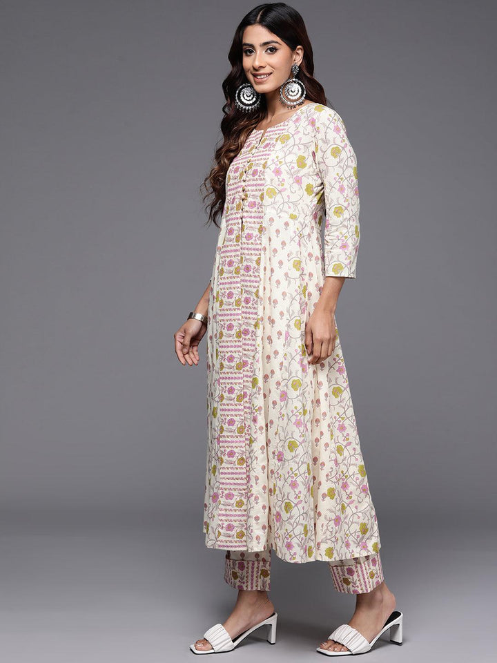 Off White Printed Cotton A-Line Kurta With Trousers - ShopLibas