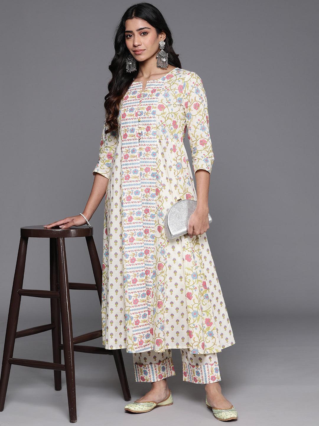 Off White Printed Cotton A-Line Kurta With Trousers