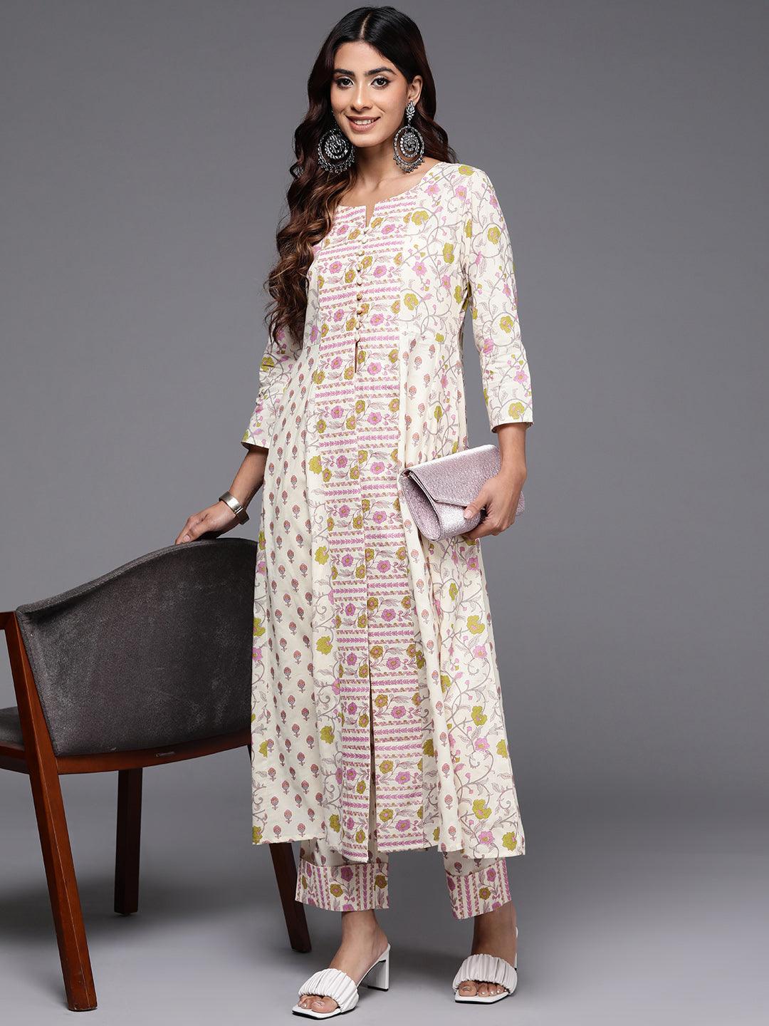 Off White Printed Cotton A-Line Kurta With Trousers - ShopLibas