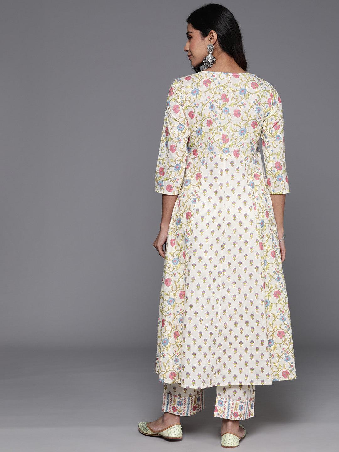 Off White Printed Cotton A-Line Kurta With Trousers - ShopLibas