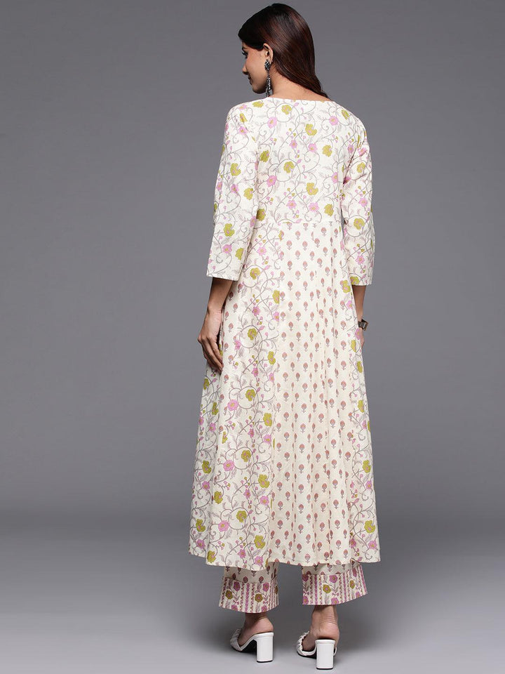 Off White Printed Cotton A-Line Kurta With Trousers - ShopLibas