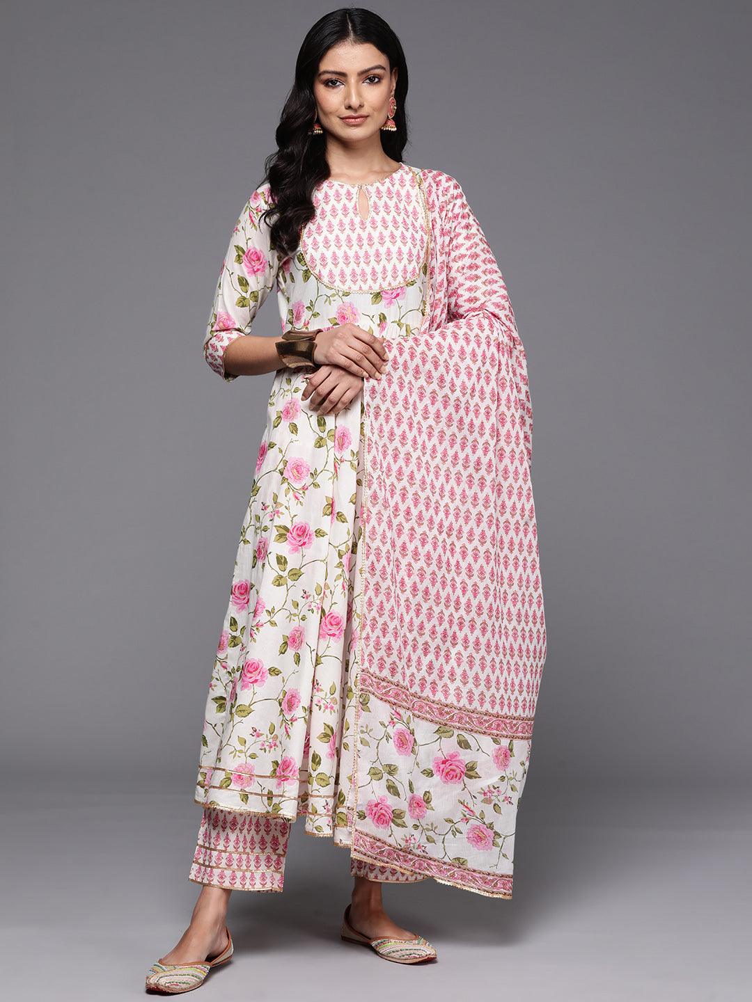 Off White Printed Cotton Anarkali Kurta With Palazzos & Dupatta - ShopLibas