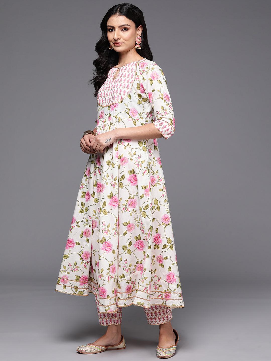 Off White Printed Cotton Anarkali Kurta With Palazzos & Dupatta - ShopLibas