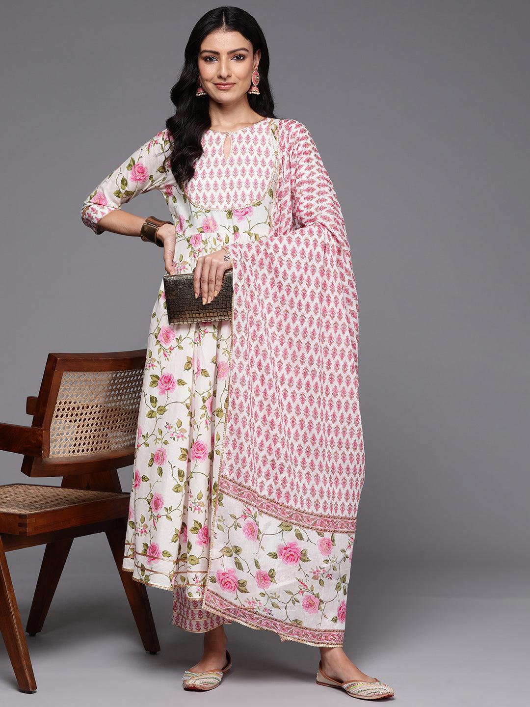 Off White Printed Cotton Anarkali Kurta With Palazzos & Dupatta - ShopLibas