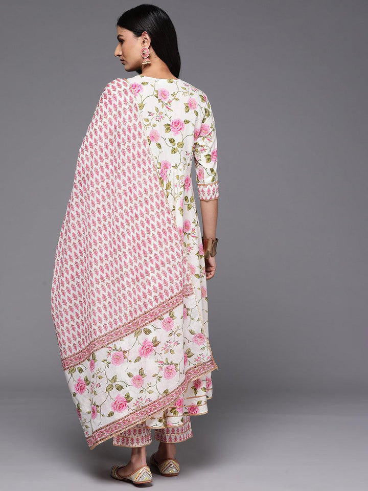 Off White Printed Cotton Anarkali Kurta With Palazzos & Dupatta - ShopLibas