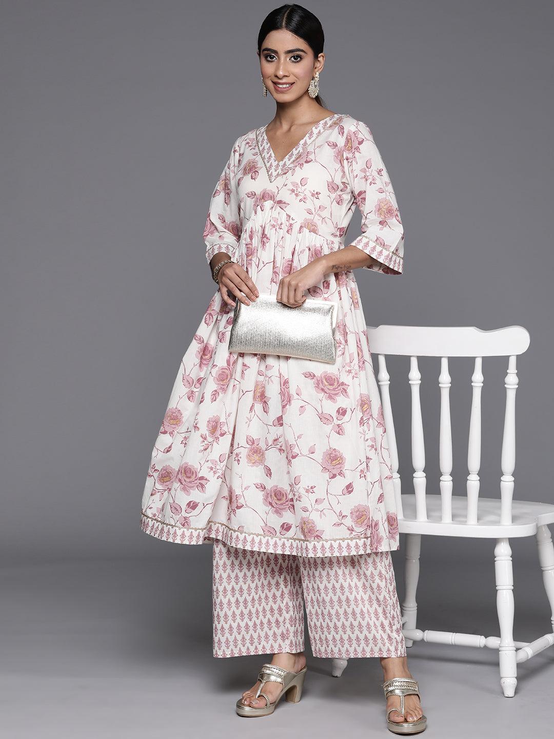 Off White Printed Cotton Anarkali Kurta With Palazzos - ShopLibas