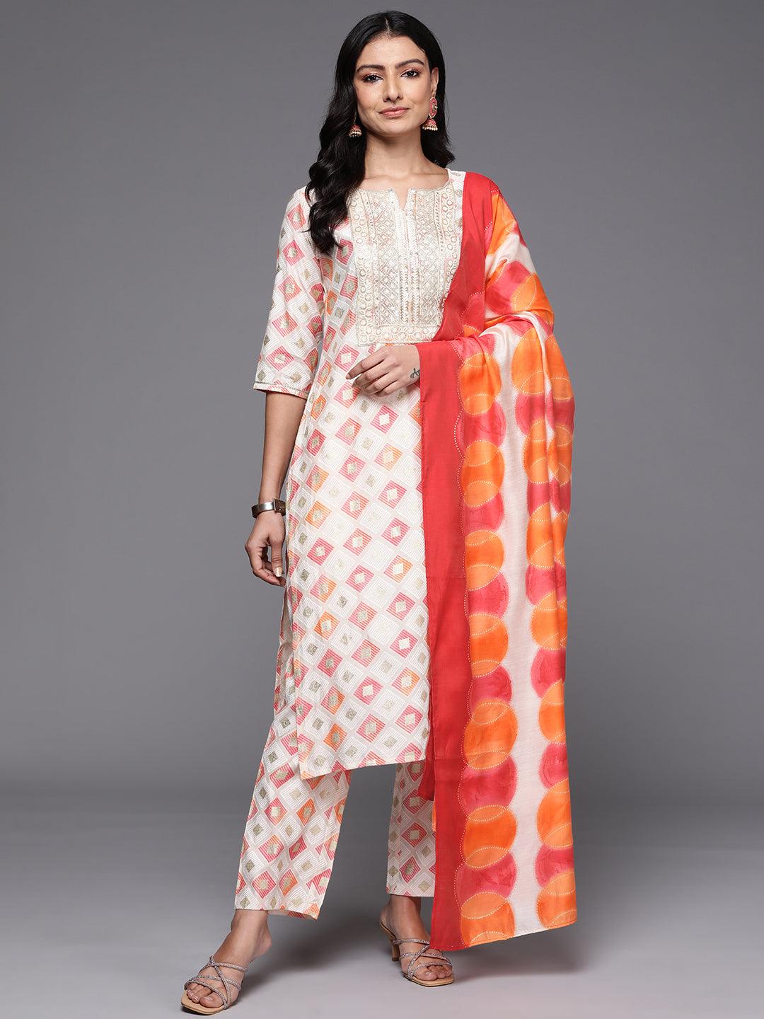 Off White Printed Silk Blend Straight Kurta With Palazzos & Dupatta - ShopLibas