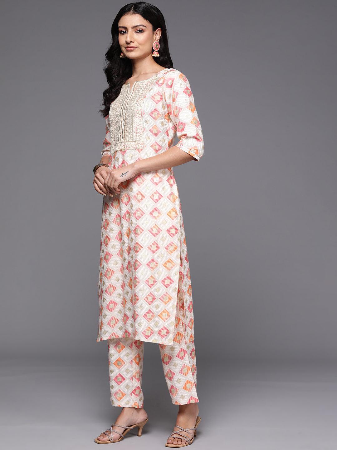 Off White Printed Silk Blend Straight Suit With Dupatta