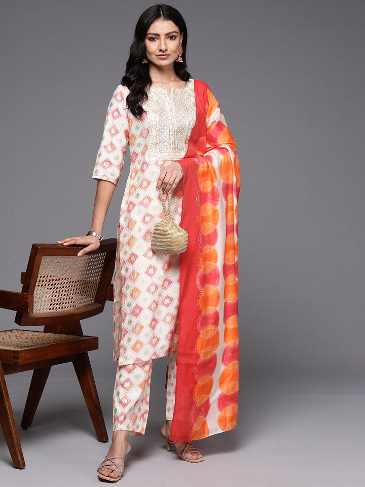 Off White Printed Silk Blend Straight Kurta With Palazzos & Dupatta - ShopLibas