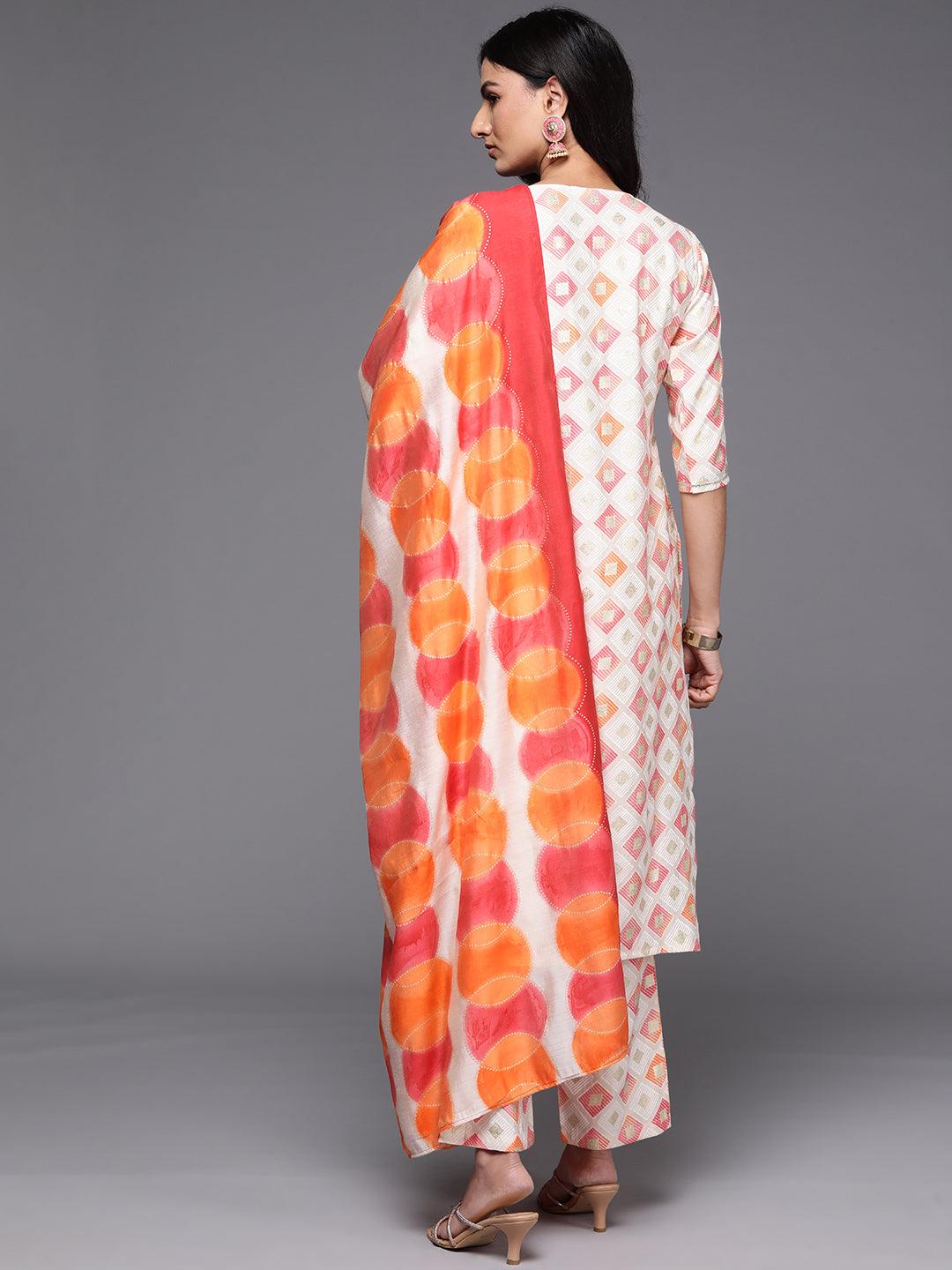 Off White Printed Silk Blend Straight Kurta With Palazzos & Dupatta - ShopLibas