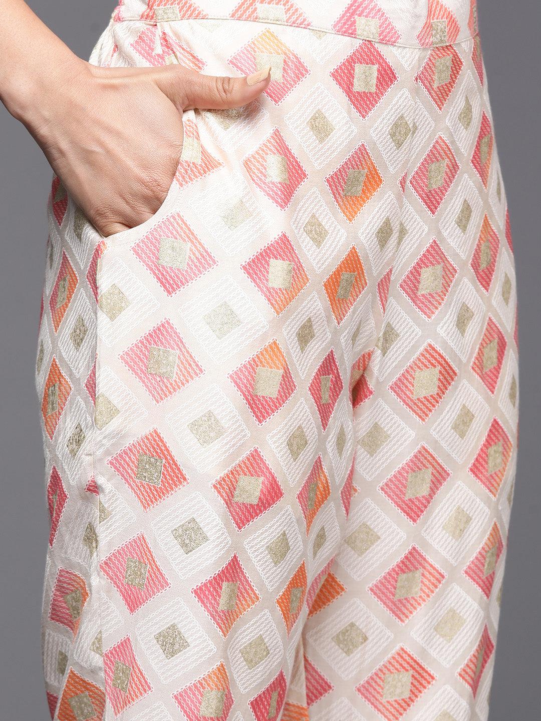 Off White Printed Silk Blend Straight Suit With Dupatta