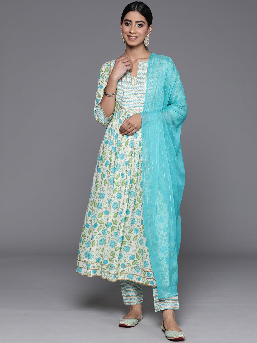 Off White Yoke Design Cotton Anarkali Kurta With Trousers & Dupatta - ShopLibas