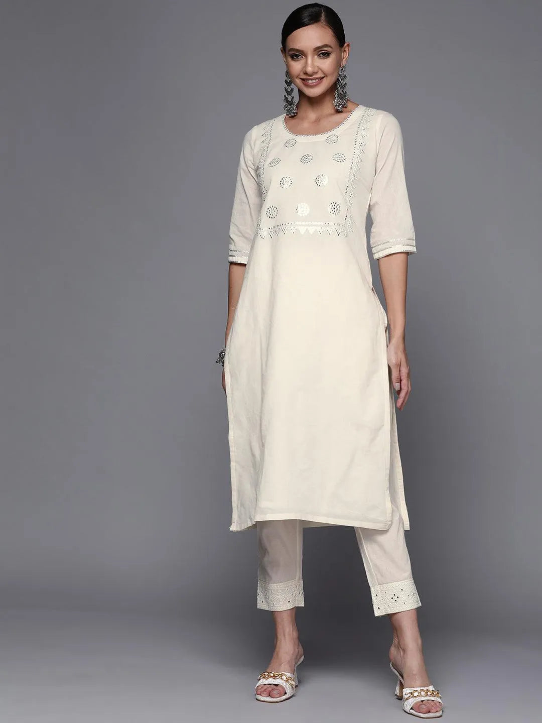 Off White Yoke Design Cotton Straight Kurta