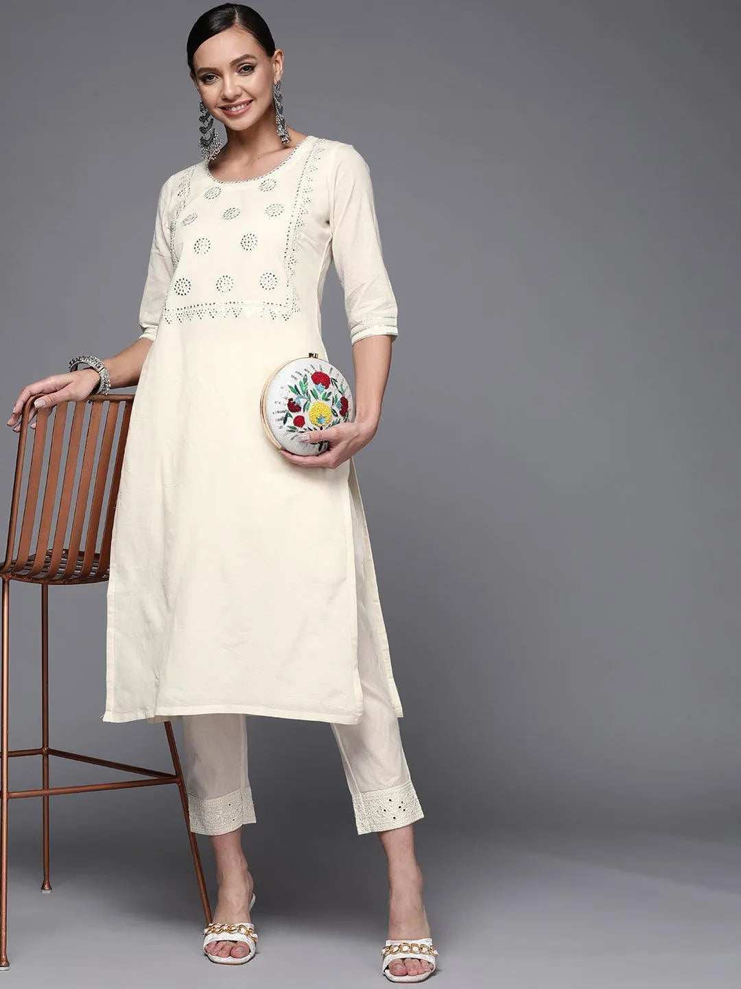 Off White Yoke Design Cotton Straight Kurta - ShopLibas