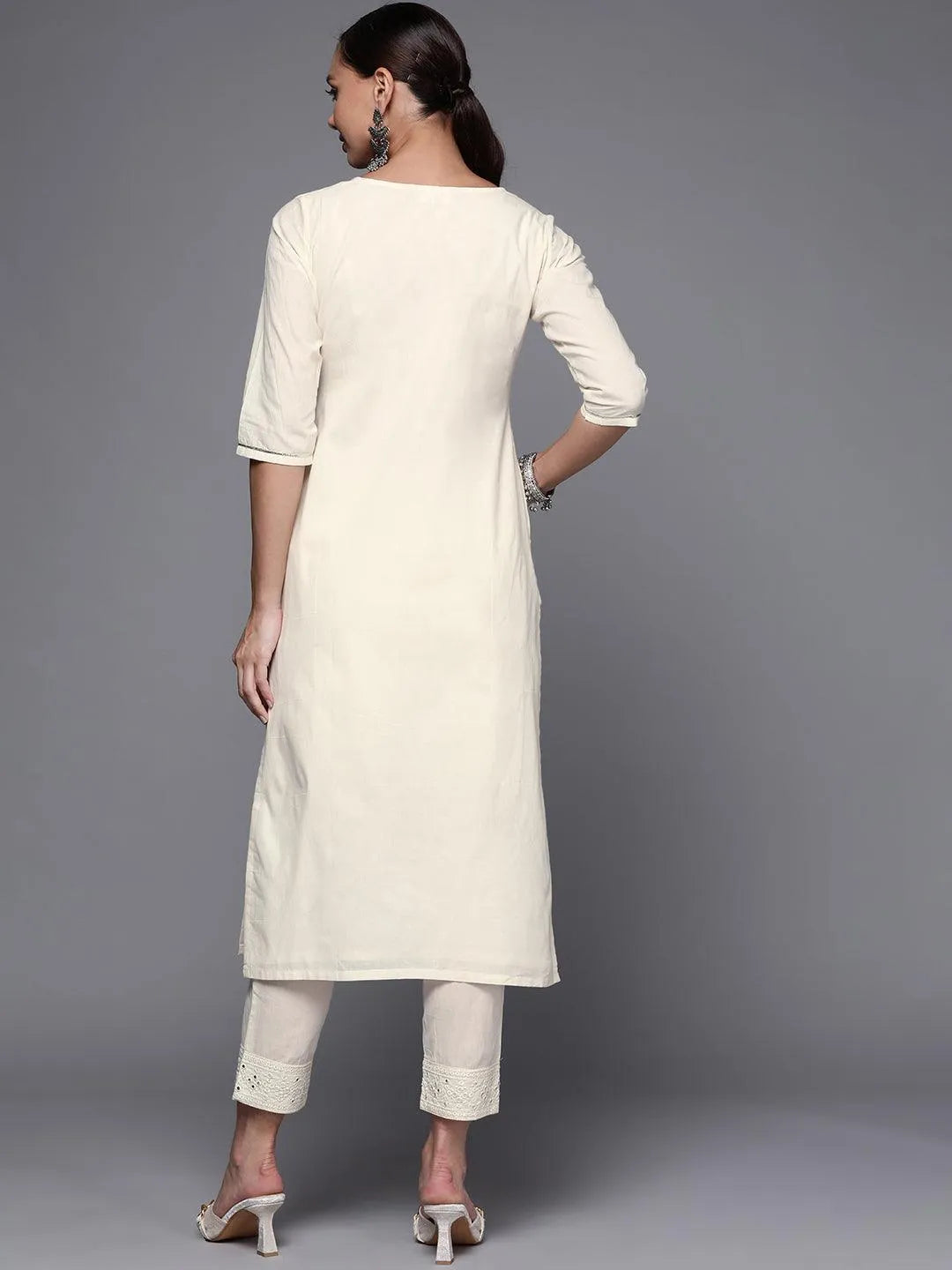 Off White Yoke Design Cotton Straight Kurta