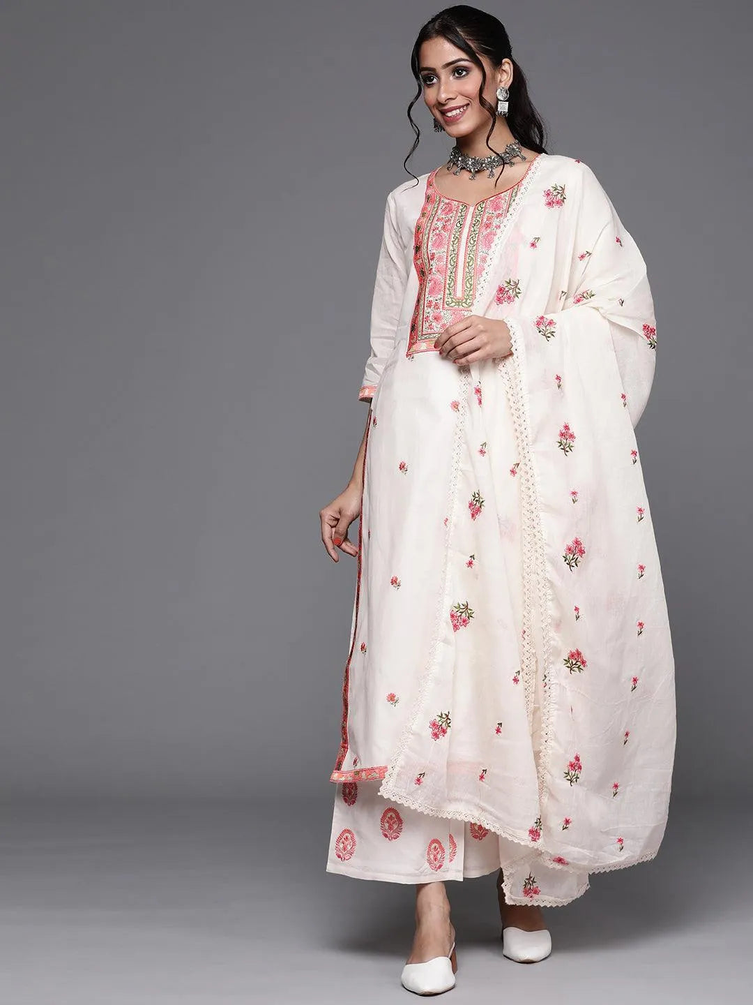 Off White Yoke Design Cotton Suit Set - ShopLibas