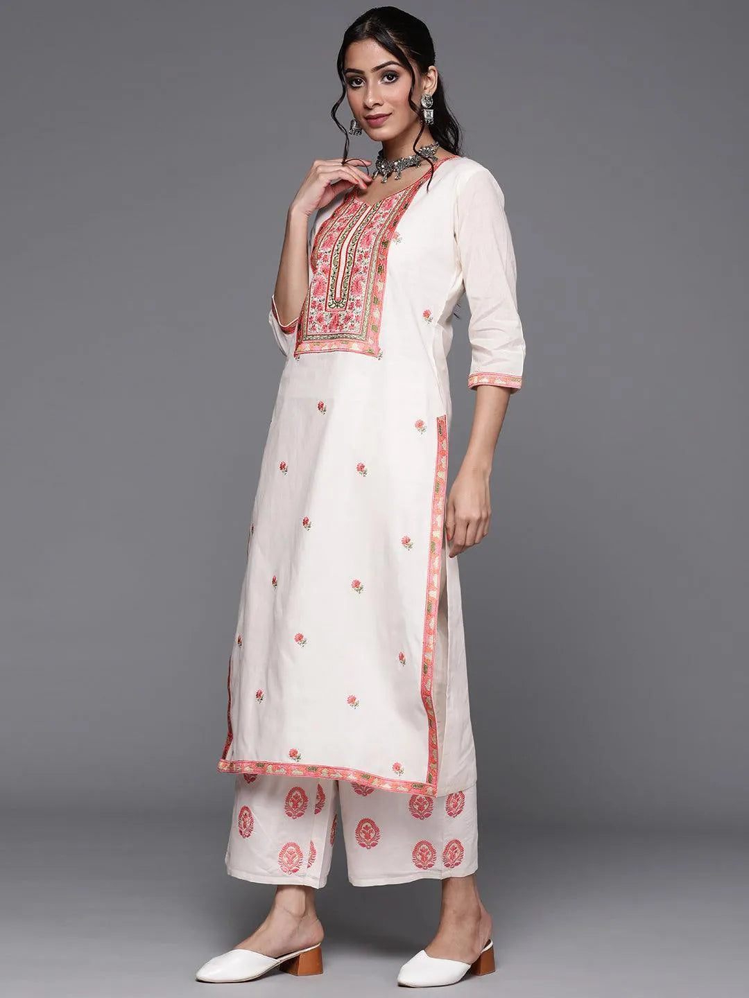 Off White Yoke Design Cotton Suit Set