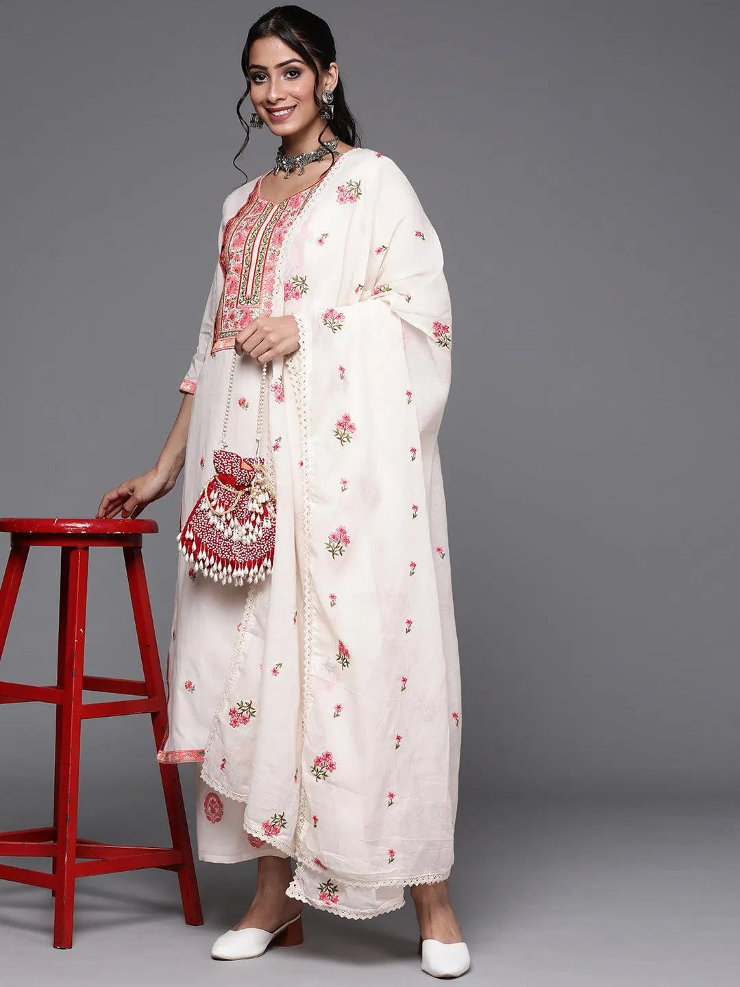 Off White Yoke Design Cotton Suit Set - ShopLibas