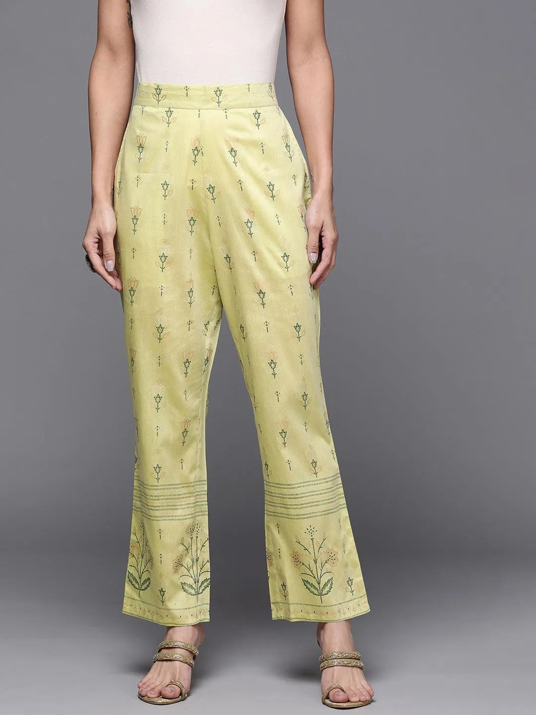 Olive Printed Silk Trousers