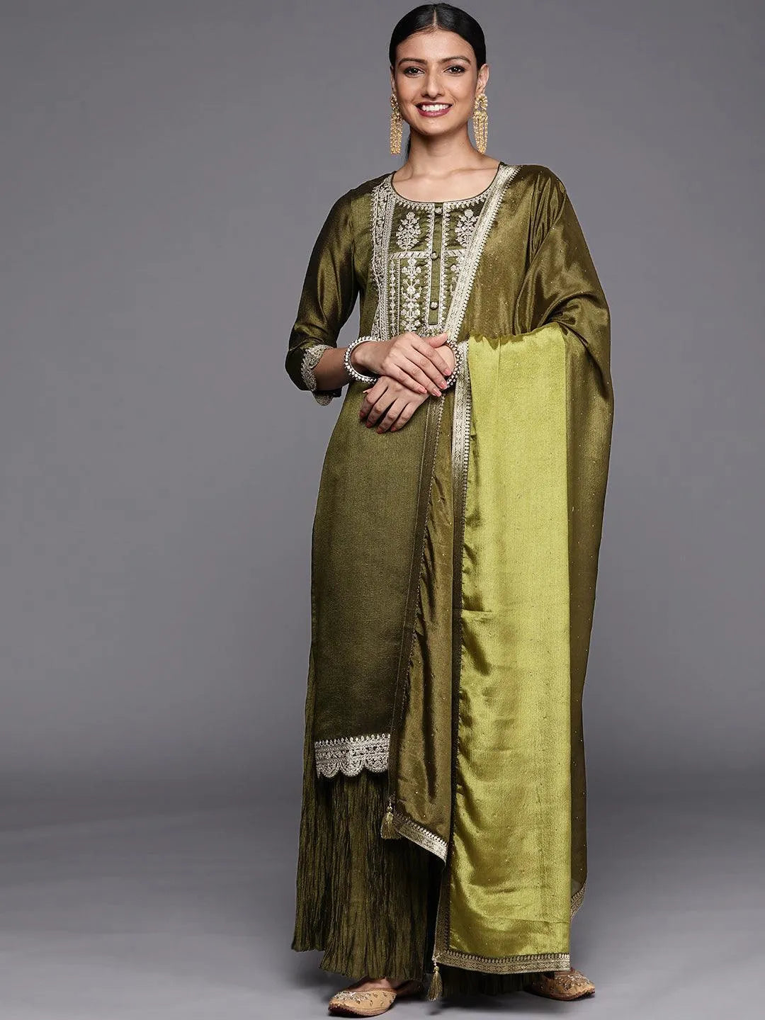 Olive Yoke Design Silk Blend Straight Suit Set - ShopLibas