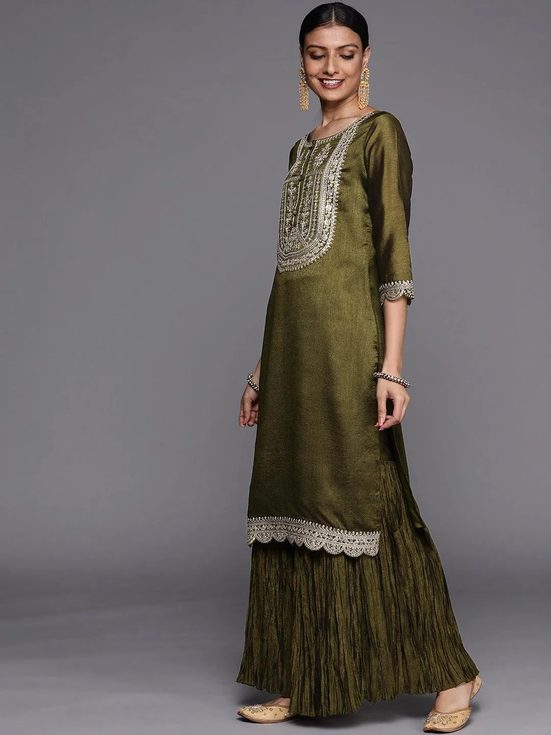 Olive Yoke Design Silk Blend Straight Suit Set