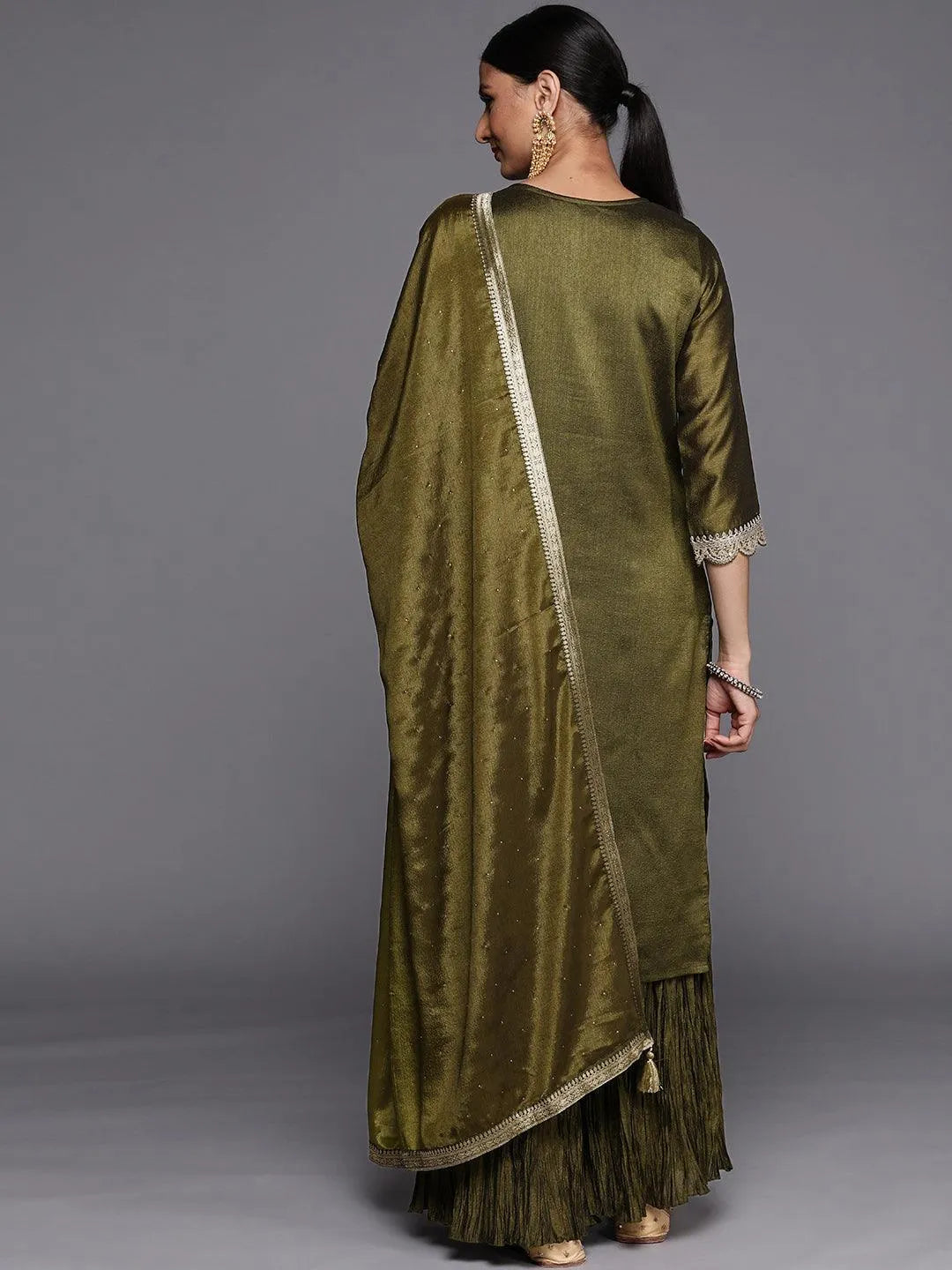 Olive Yoke Design Silk Blend Straight Suit Set