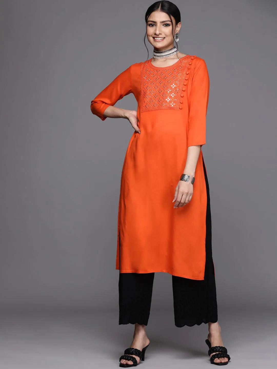 Orange Yoke Design Rayon Kurta - ShopLibas