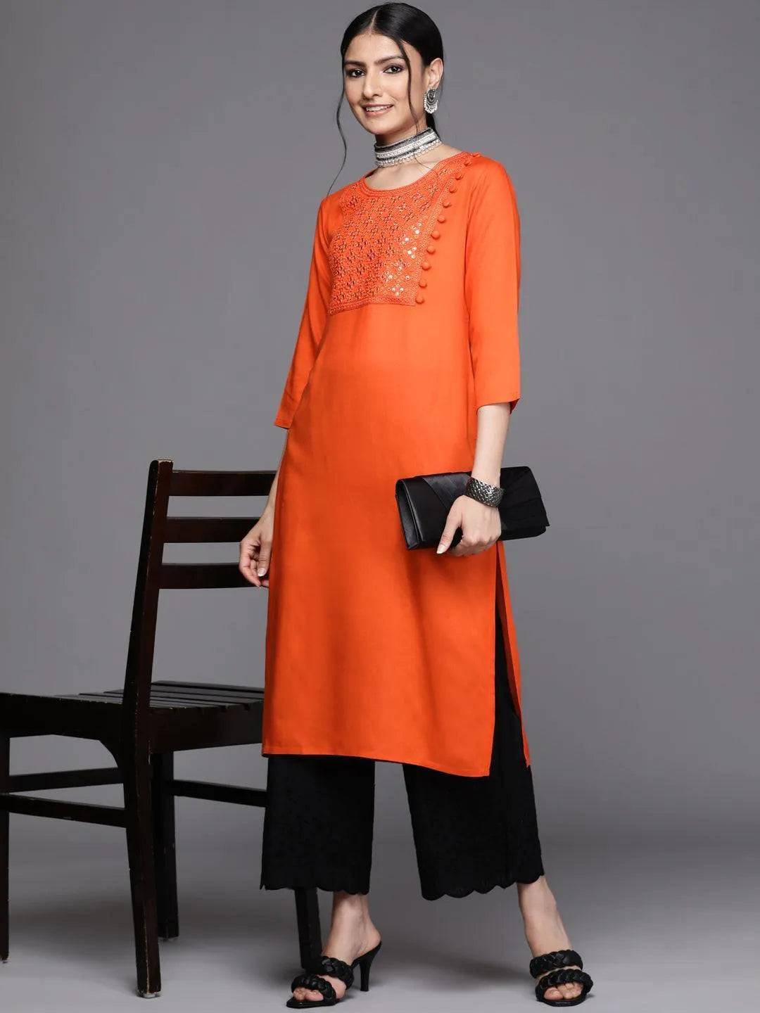 Orange Yoke Design Rayon Kurta - ShopLibas