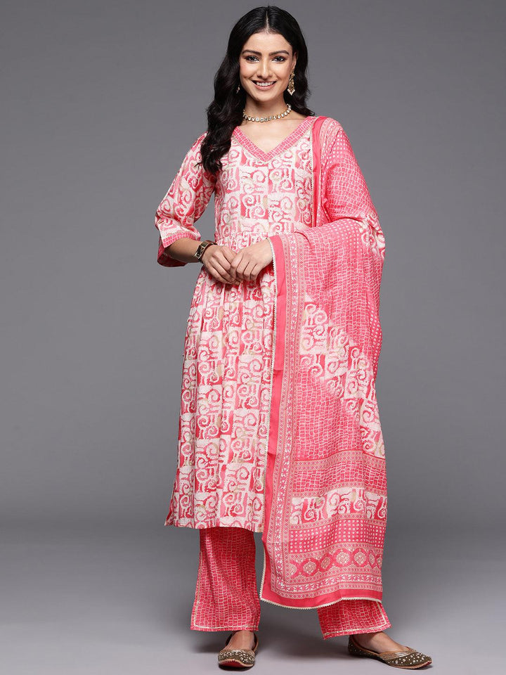 Peach Printed Silk Blend A-Line Kurta With Palazzos & Dupatta - ShopLibas