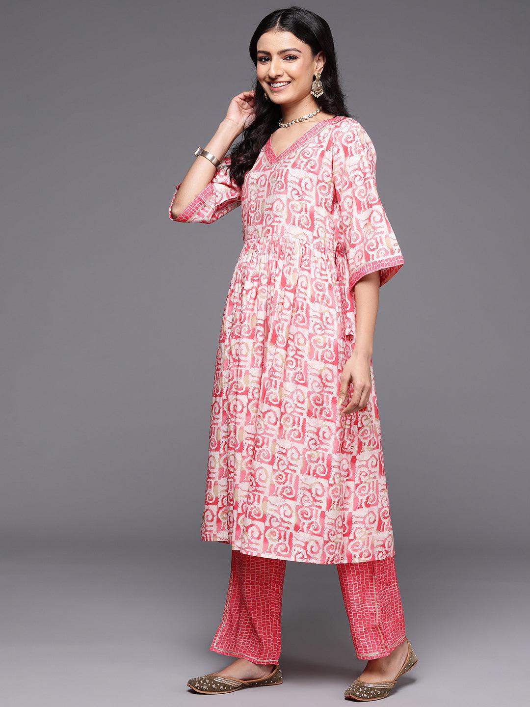 Peach Printed Silk Blend A-Line Kurta With Palazzos & Dupatta