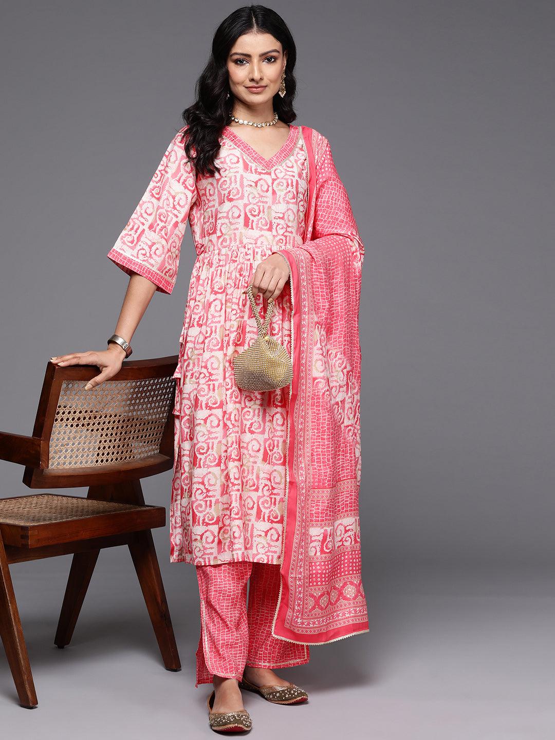 Peach Printed Silk Blend A-Line Kurta With Palazzos & Dupatta - ShopLibas