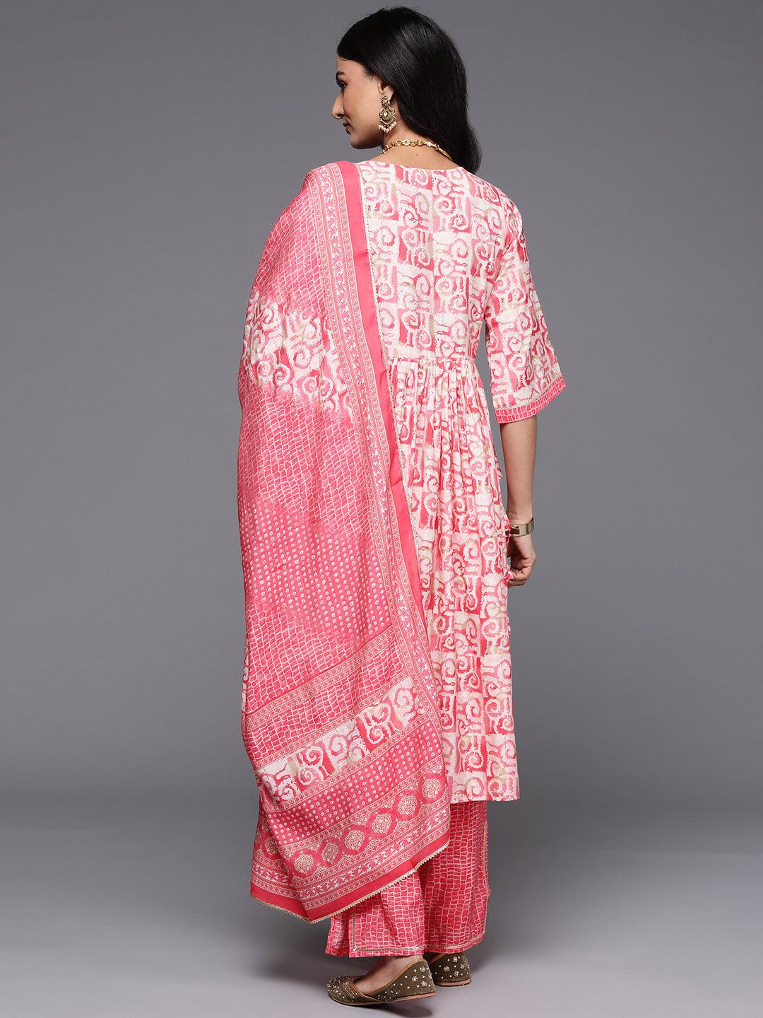 Peach Printed Silk Blend A-Line Kurta With Palazzos & Dupatta - ShopLibas