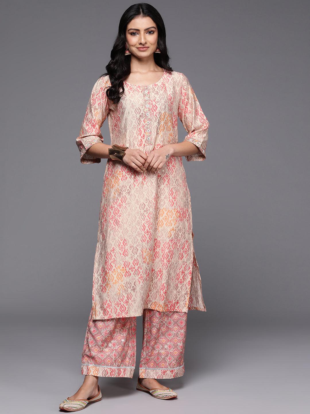 Peach Printed Silk Blend Straight Kurta Set