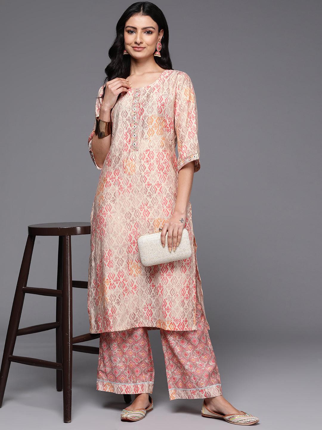 Peach Printed Silk Blend Straight Kurta Set