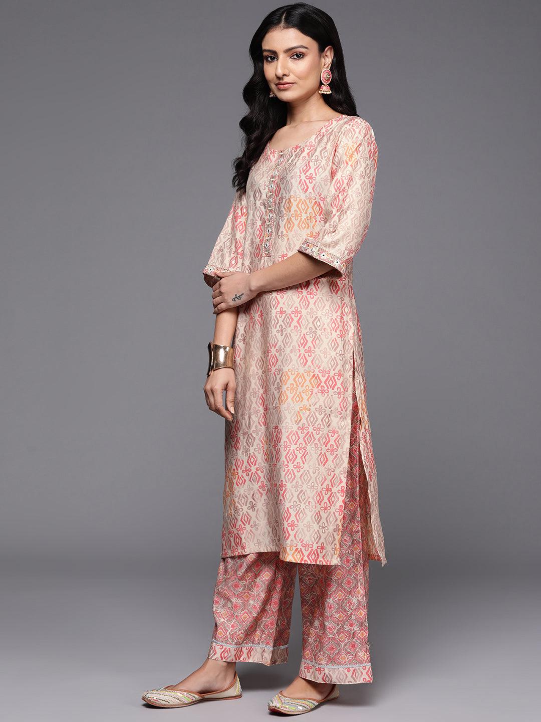 Peach Printed Silk Blend Straight Kurta Set