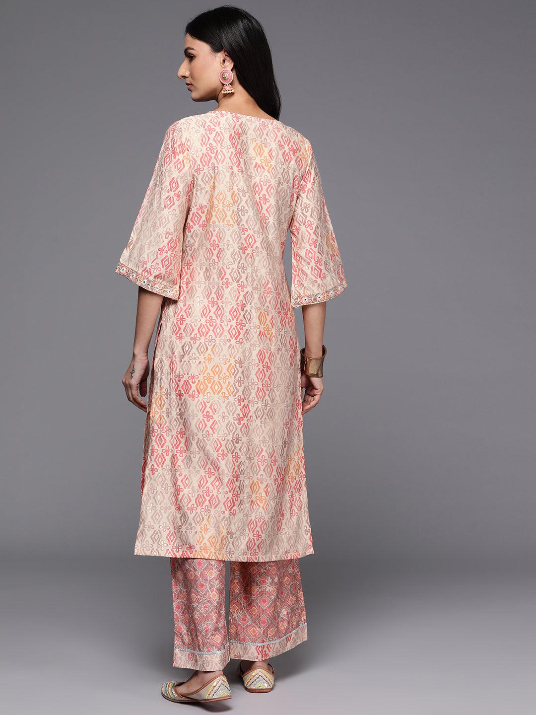 Peach Printed Silk Blend Straight Kurta Set