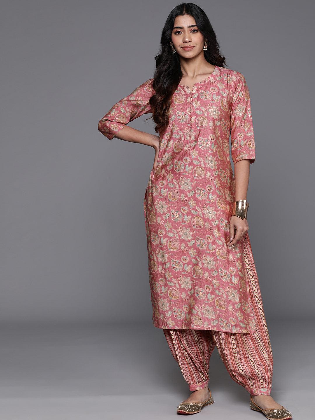 Peach Printed Silk Blend Straight Kurta Set