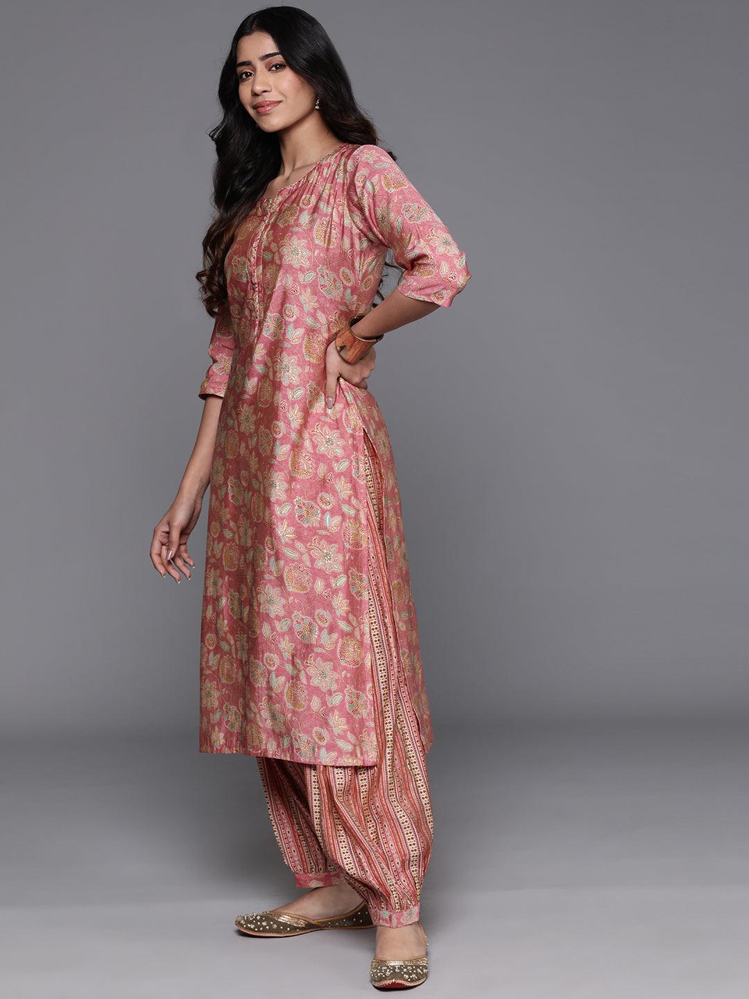 Peach Printed Silk Blend Straight Kurta With Salwar - ShopLibas