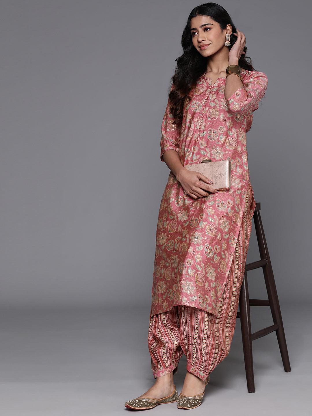 Peach Printed Silk Blend Straight Kurta Set